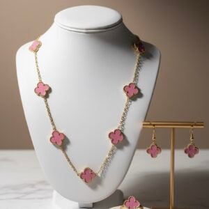 Pink Flower Jewelry Set – Stainless Steel, 14K Gold Plated.