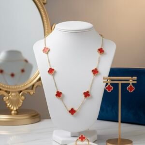 Red flower set- Stainless steel 14 k gold plated