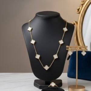 White Flower Jewelry Set – Stainless Steel, 14K Gold Plated.