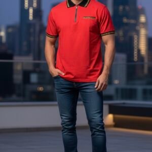 Red polo with black and gold Greek key trim men size XL