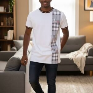 Men’s sized small luxury T-shirt with side gray and red tartan plate stripe