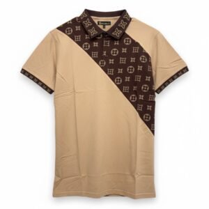 Men sized small Diagonal tan and monogram, color block polo shirt