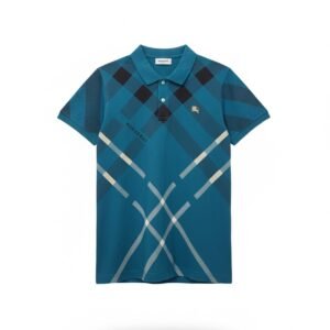 Teal blue men’s luxury sized large plaid check polo shirt